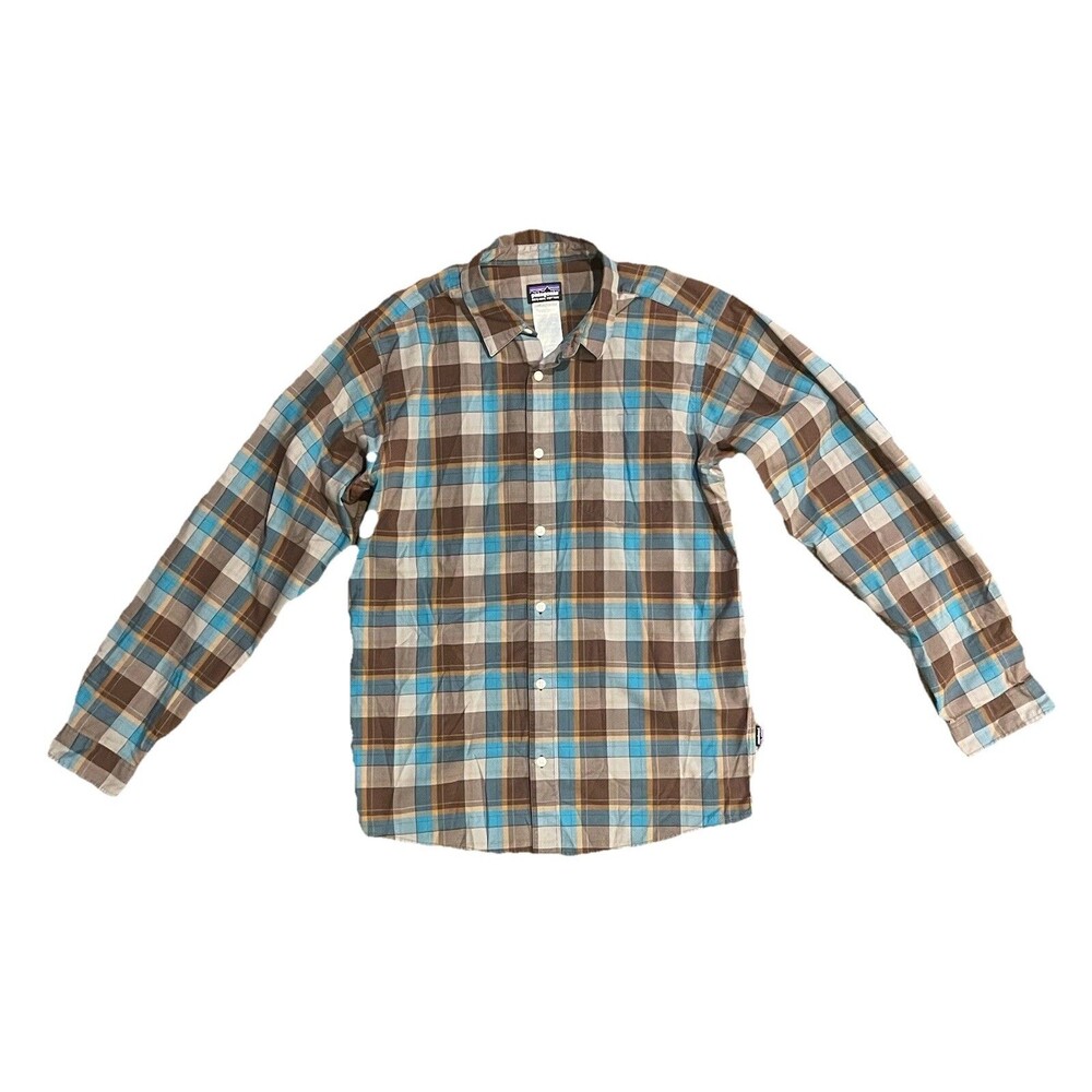 PATAGONIA Organic Cotton Blend Plaid Button Front LS Shirt Brown/Turquoise SZ M
